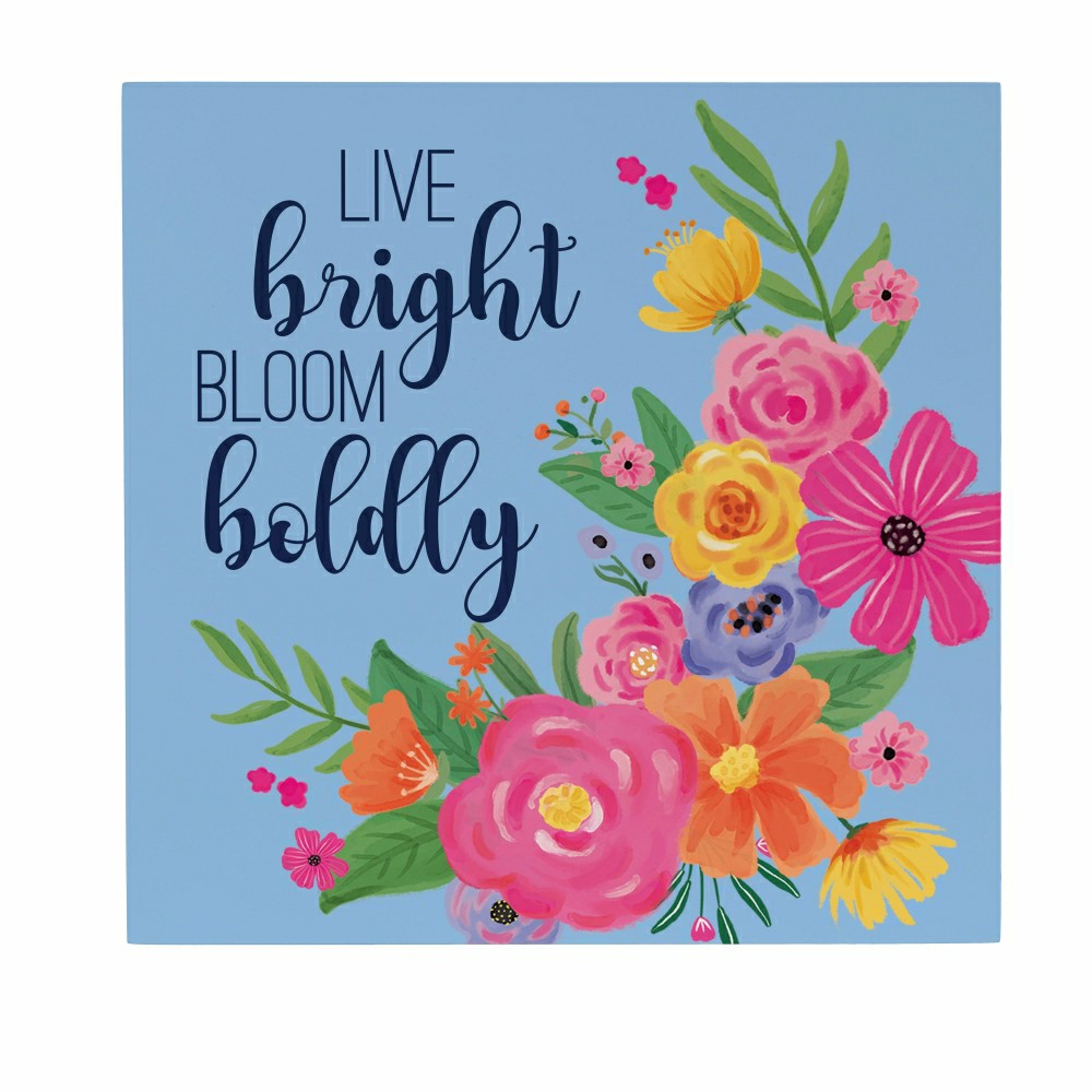 Plow & Hearth Bunny Blooms Indoor Wall Decor, Live Bright Bloom Boldly, 12" L x 12"