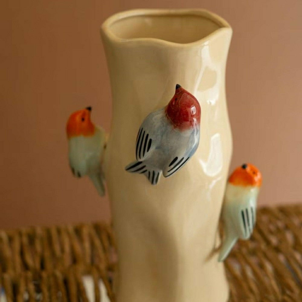 Plow & Hearth Ceramic Log Vase with Colorful Birds