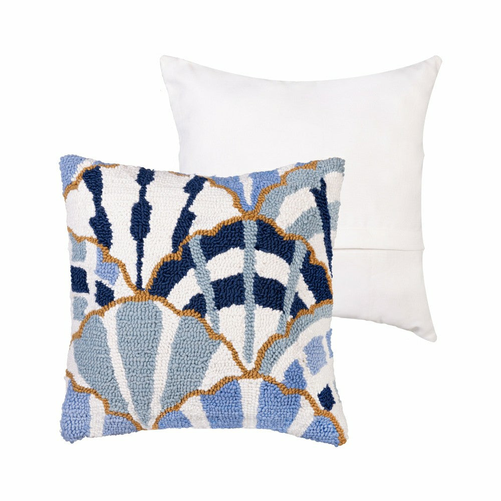 Plow & Hearth Blue Coastal Shells Pattern Indoor/Outdoor Hooked Pillow 18"x18"