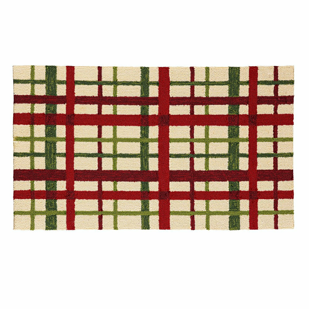 Plow & Hearth Indoor/Outdoor Hooked Rug Christmas Plaid Polypropylene, 24"x42"