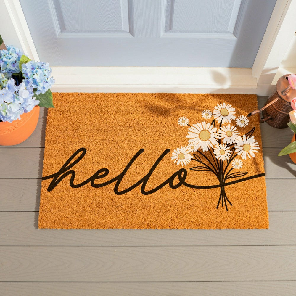 Plow & Hearth EG Studio Home Coordinates Dandelion Coir Mat, Hello 36x24"