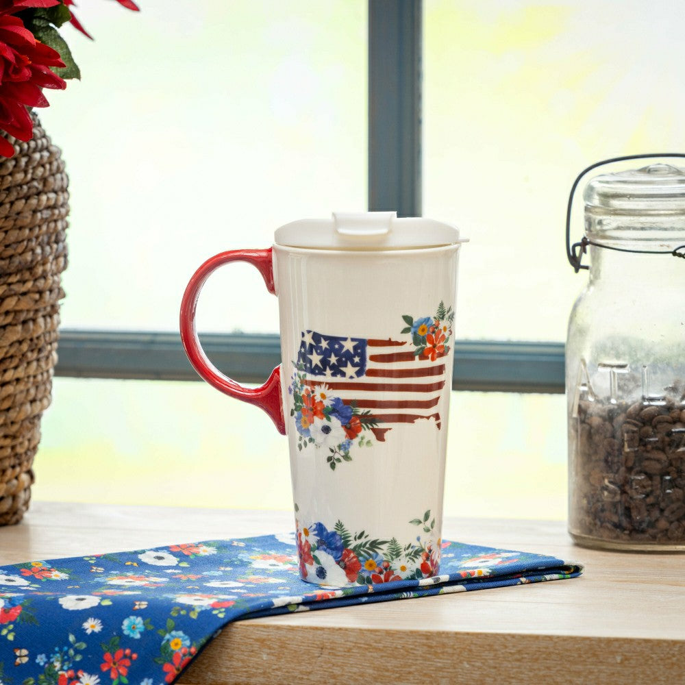 Plow & Hearth Red, White, & Bloom Ceramic Perfect Cup, Blooming USA, 17oz, Gift Box