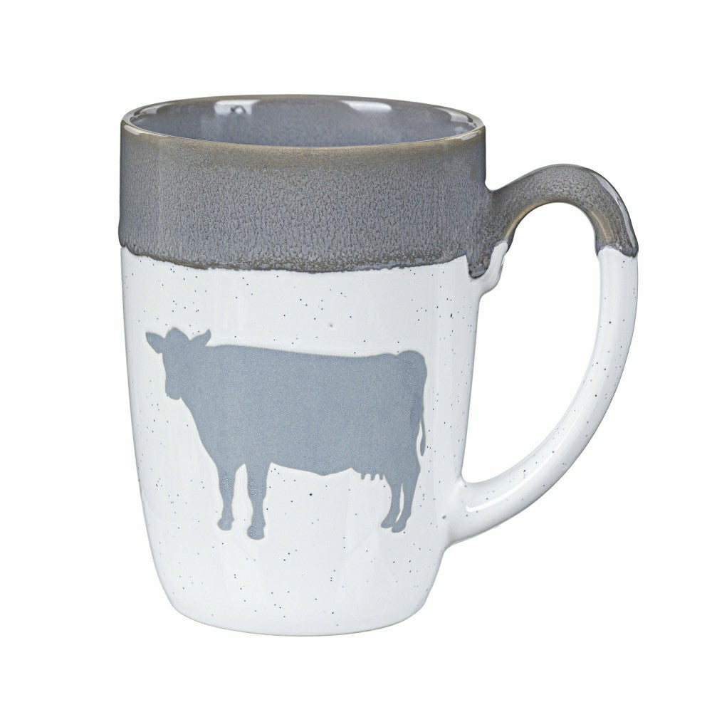 Plow & Hearth Hillside Pasture Coffee Cup Ceramic Artisanal, Farm Cow Grey, 14oz, Gi