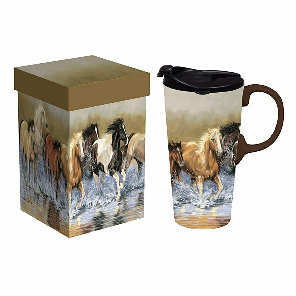 Plow & Hearth Harvest Blossom Ceramic Perfect Travel Cup, 17oz, w/ Gift Box, Splashd
