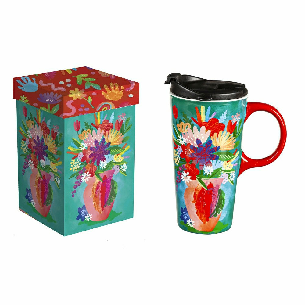 Plow & Hearth Ceramic Travel Cup, 17 oz., Flowers in Vase