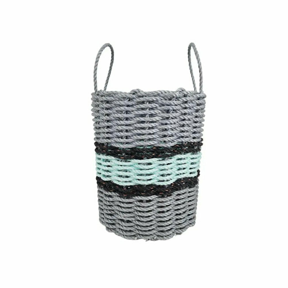 Plow & Hearth Lobster Rope Basket Light Gray and Seafoam, Black Accents