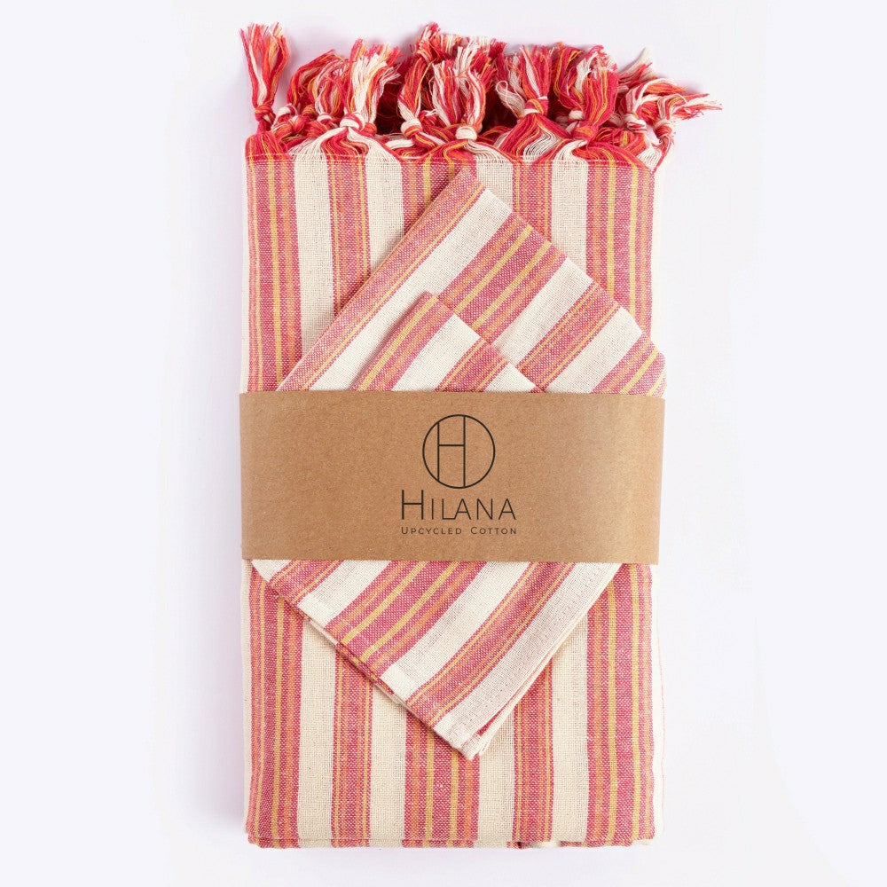 Plow & Hearth Andana Striped Tablecloth Set - Magenta