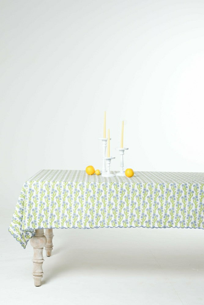 Plow & Hearth Forget-Me-Not Scallop Embroidered Blockprint Tablecloth