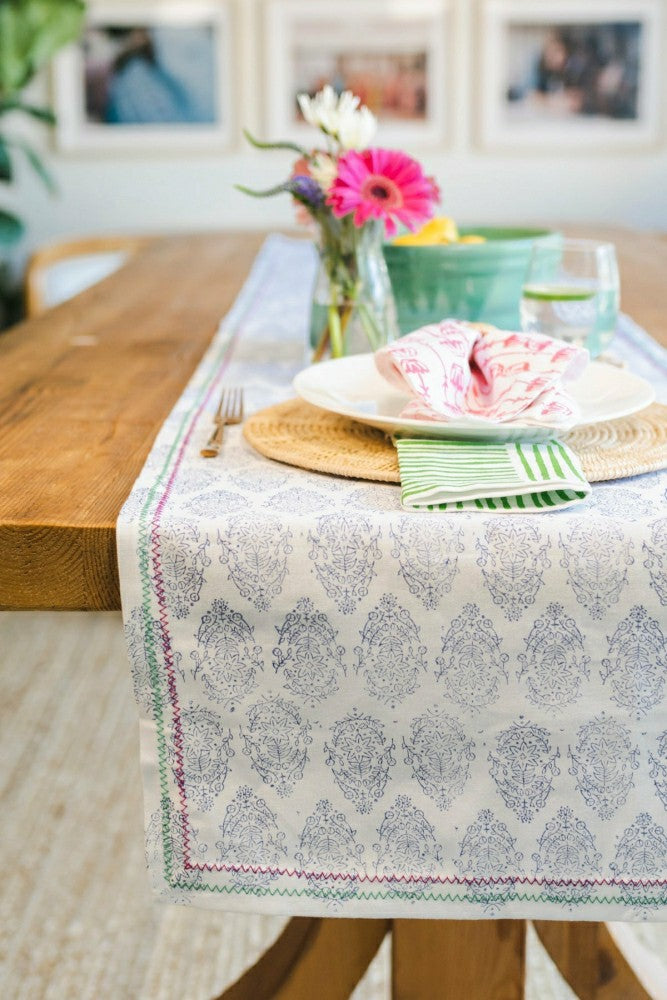 Plow & Hearth Table Runner - Vara, Navy with Pink & Green Stitching