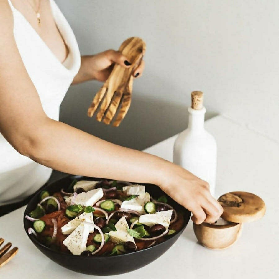Plow & Hearth Olive Wood Salad Servers Flat Forks Set