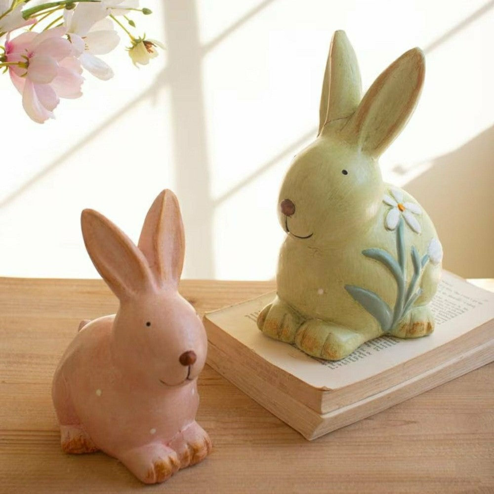 Plow & Hearth Colorful Faux Concrete Bunny Garden Statue, Set of 2