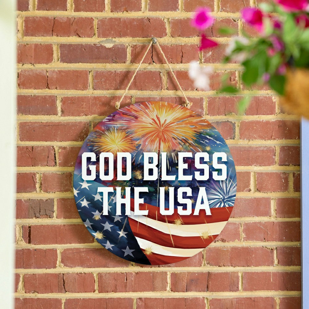 Plow & Hearth Red White and Bloom Wood Round Door Décor, "God Bless The USA", 18"