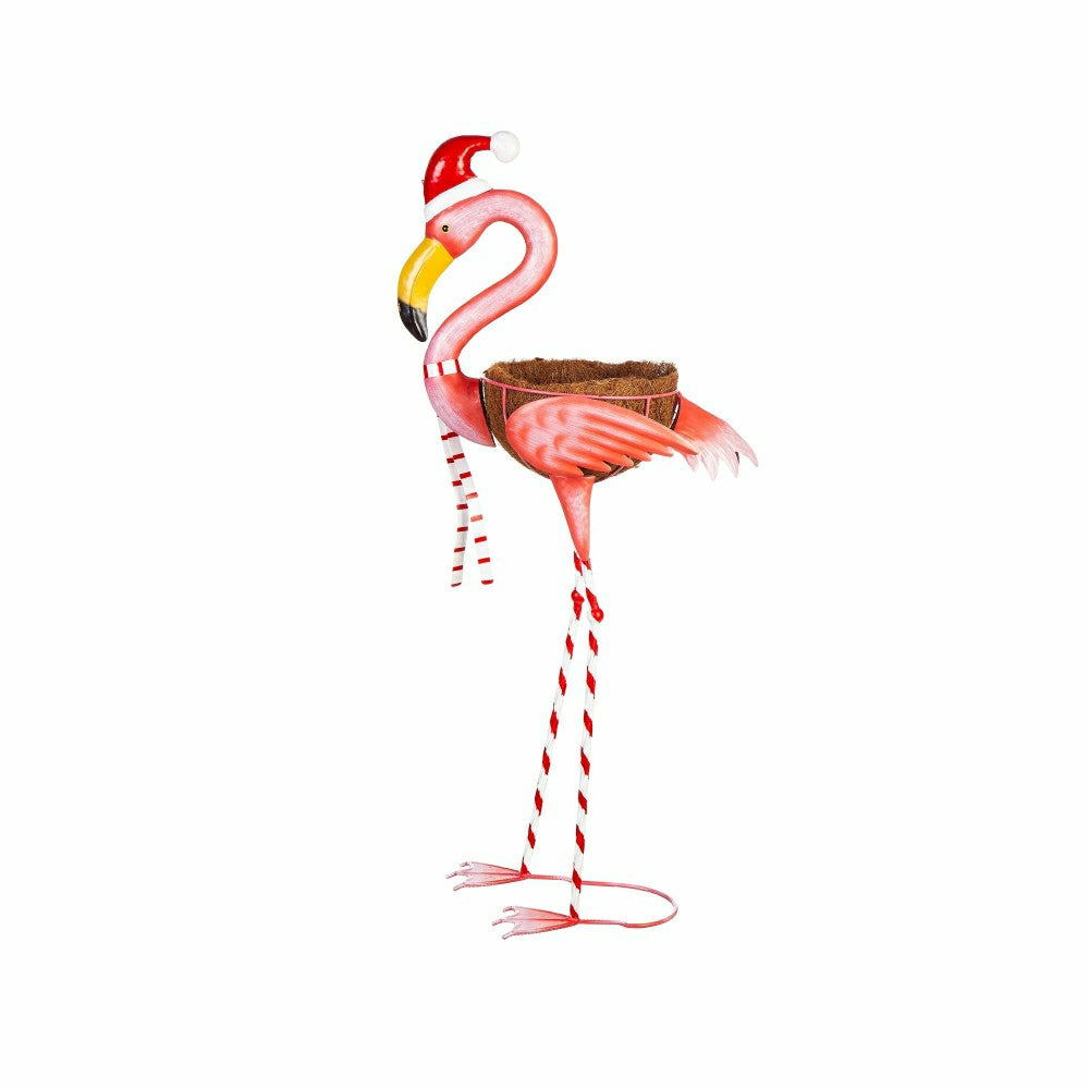 Plow & Hearth Metal Winter Flamingo Planter with Santa Hat, 39"H