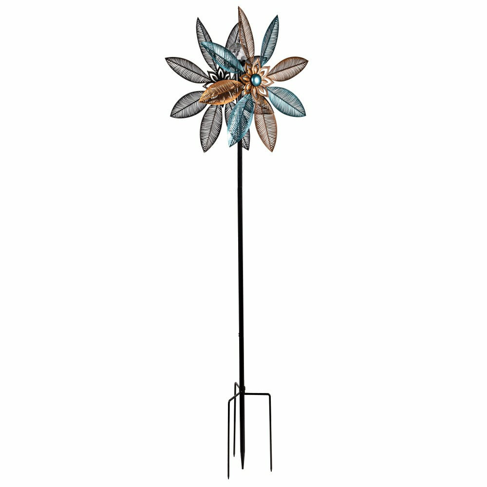 Plow & Hearth Metal Solar Wind Spinner, Copper and Turquoise Pedal Flower, 75"H