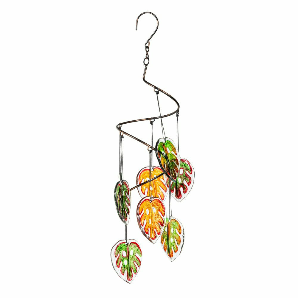 Plow & Hearth Palm Beach Outdoor Hanging Décor, Glass Multi Monstera Leaf, 20"