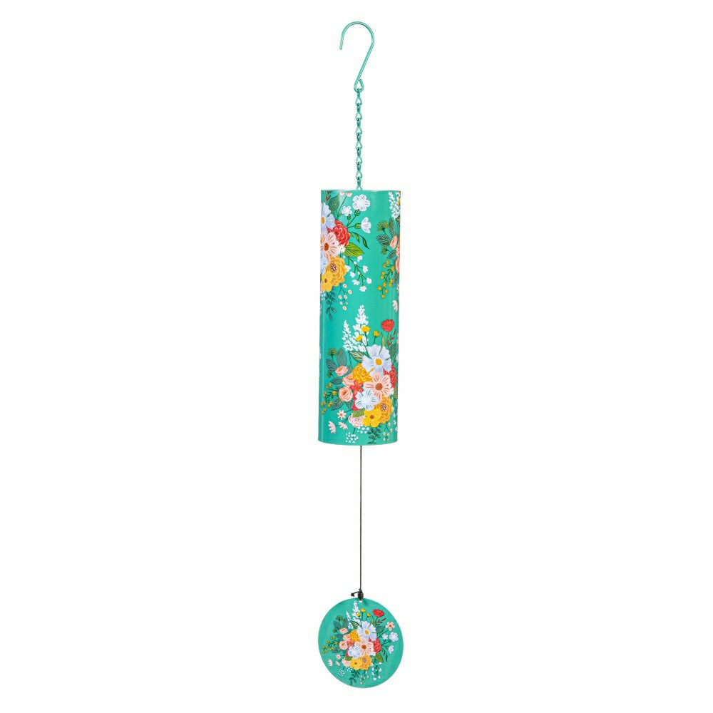 Plow & Hearth What She Shed Wind Chime, Metal, Green Florals Cylinder Chime, 36" H