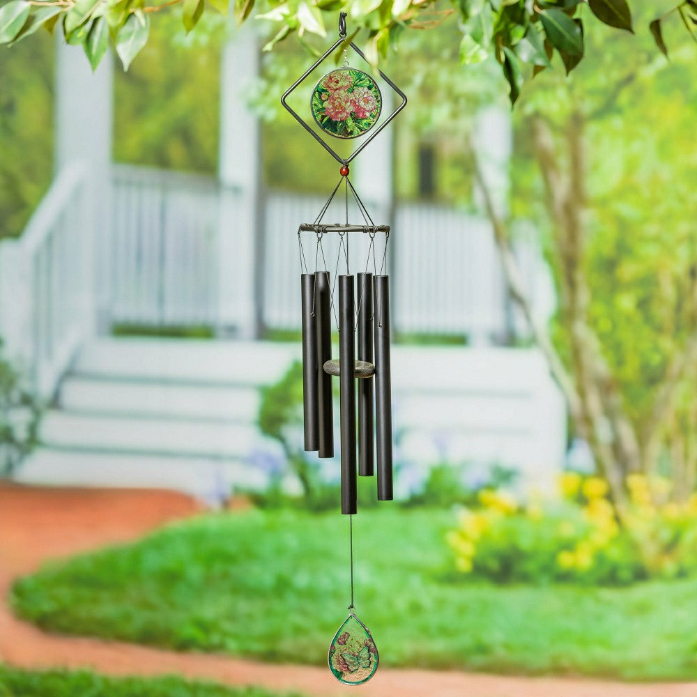 Plow & Hearth Avria Stained Glass Hand-Tuned Wind Chime, Pink Flowers, 36"