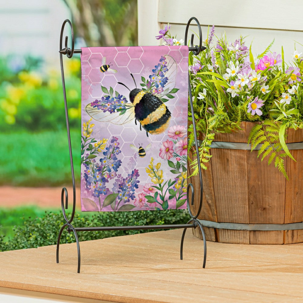 Plow & Hearth Cottage Garden Pink Florals Bee Burlap Garden Flag