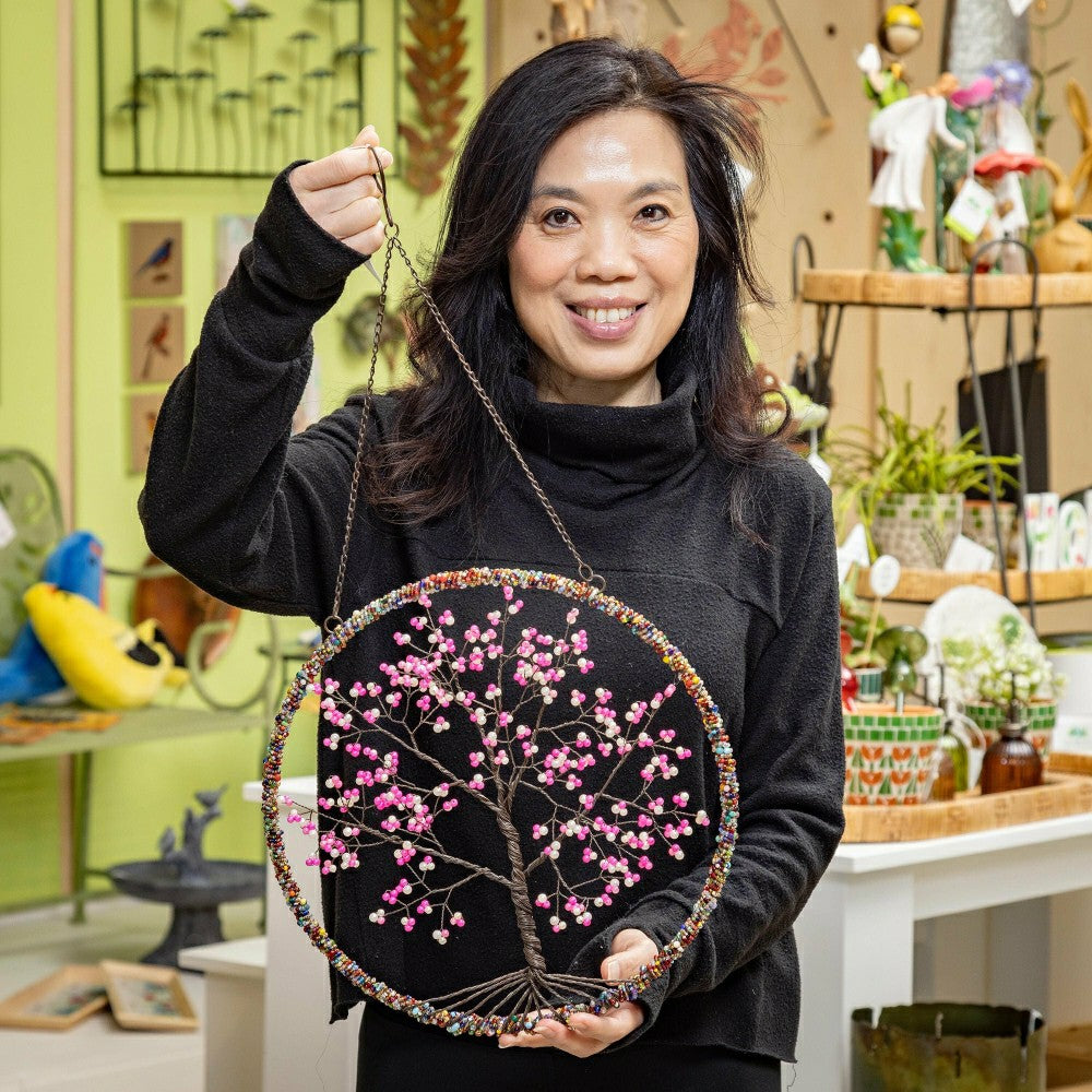 Plow & Hearth Cherry Blossom Tree Beaded Round Wall Décor