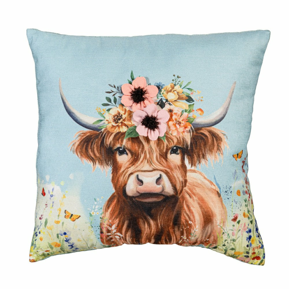 Plow & Hearth Hillside Pasture Throw Pillow Square Farm Highland Cow, 16"