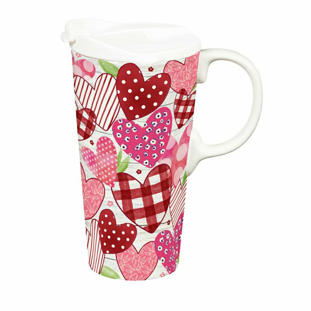 Plow & Hearth Heart Of The Home Travel Cup Ceramic Perfect Cup, Scattered Hearts, 17