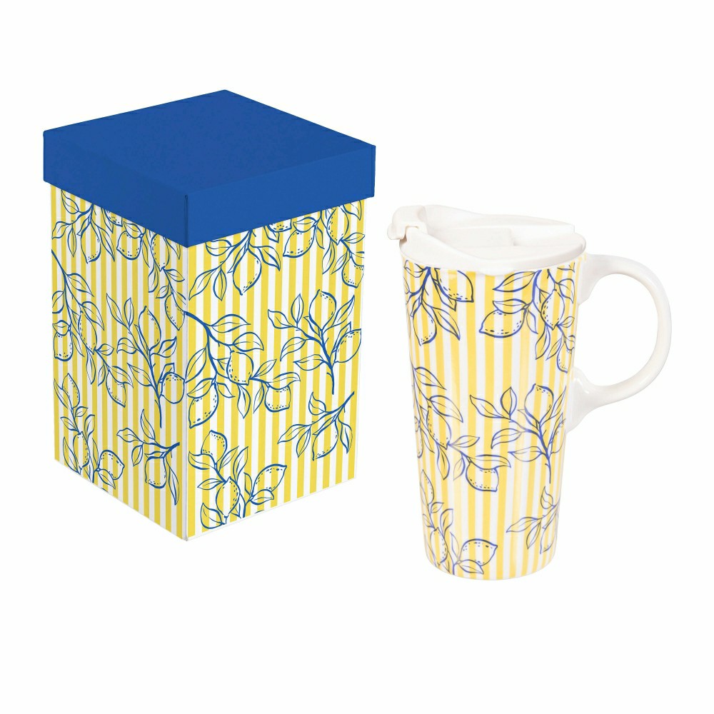 Plow & Hearth Seaside Retreat Travel Cup Ceramic Perfect Cup, 17oz, Gift Box