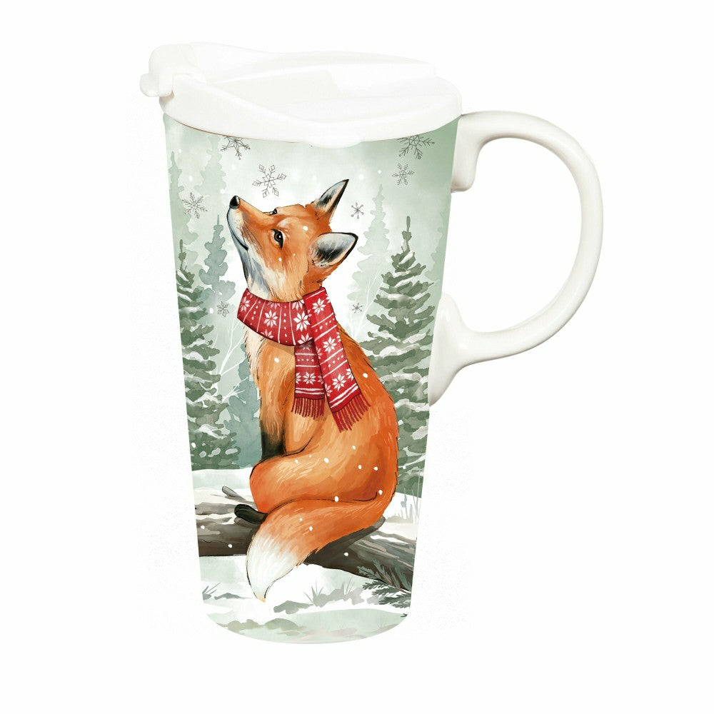 Plow & Hearth Winter Grove Travel Cup Ceramic Perfect Cup, Fox, 17oz, Gift Box