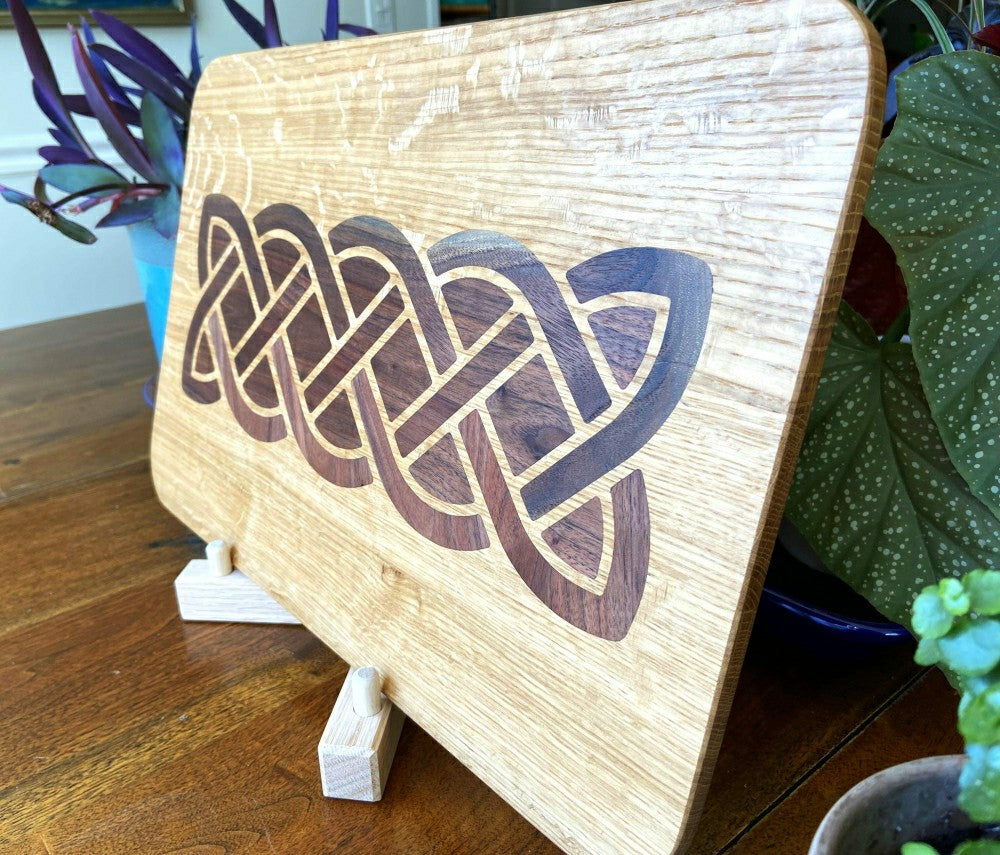 Plow & Hearth White Oak charcuterie board - complex Celtic knot inlay.