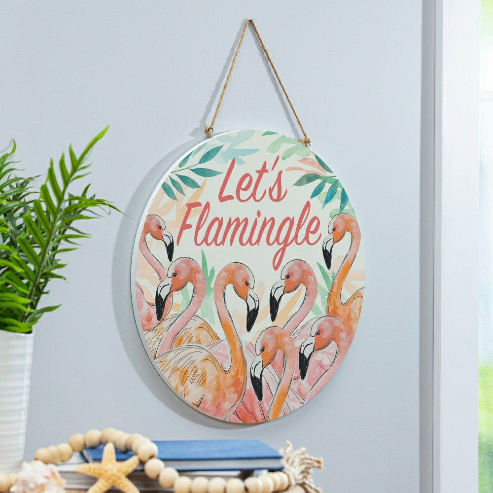 Plow & Hearth Palm Beach Flamingo Wood Door Décor, "Let's Flamingle", 18"