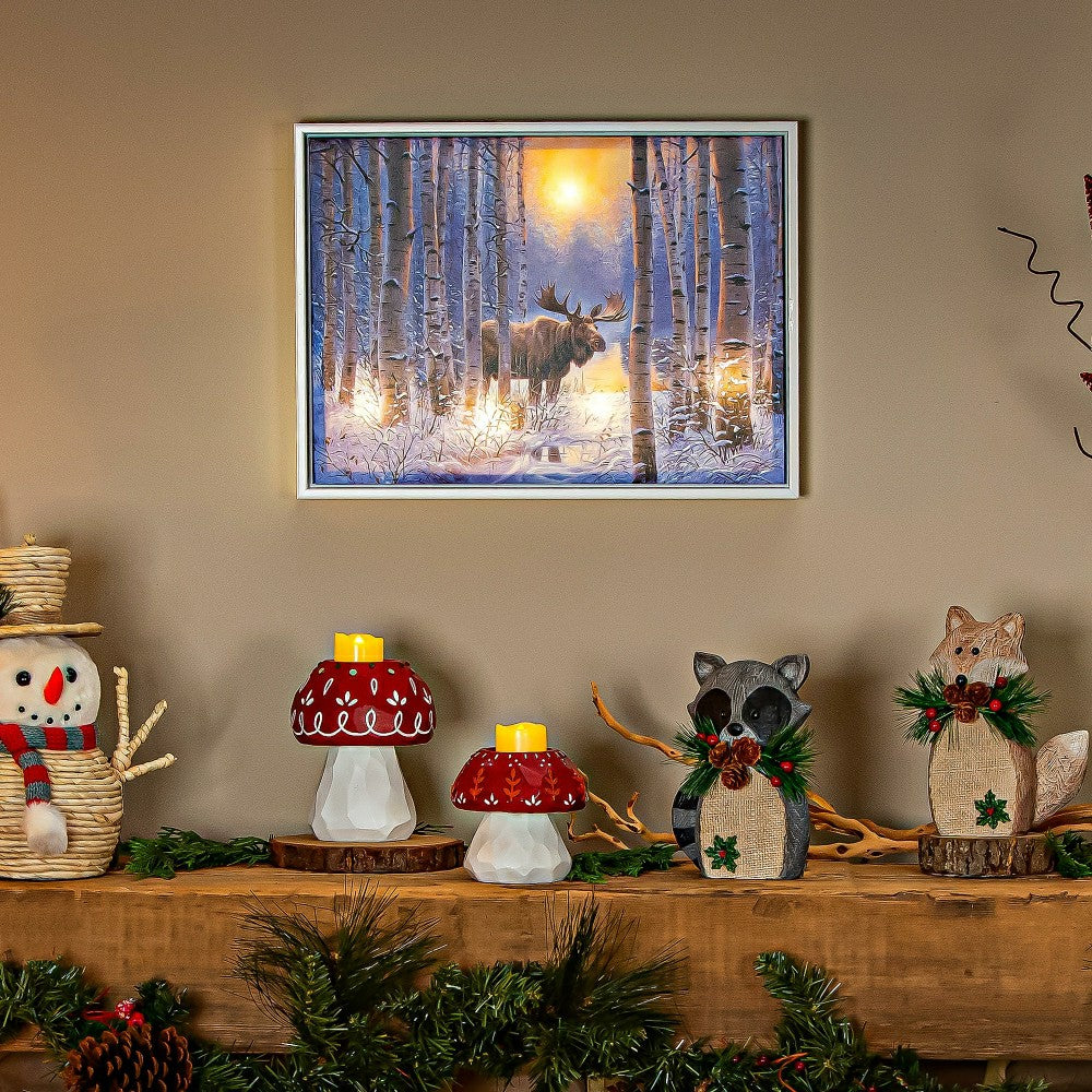 Plow & Hearth Woodland Storybook Indoor Wall Decor, LED Canvas with White Frame, Moo