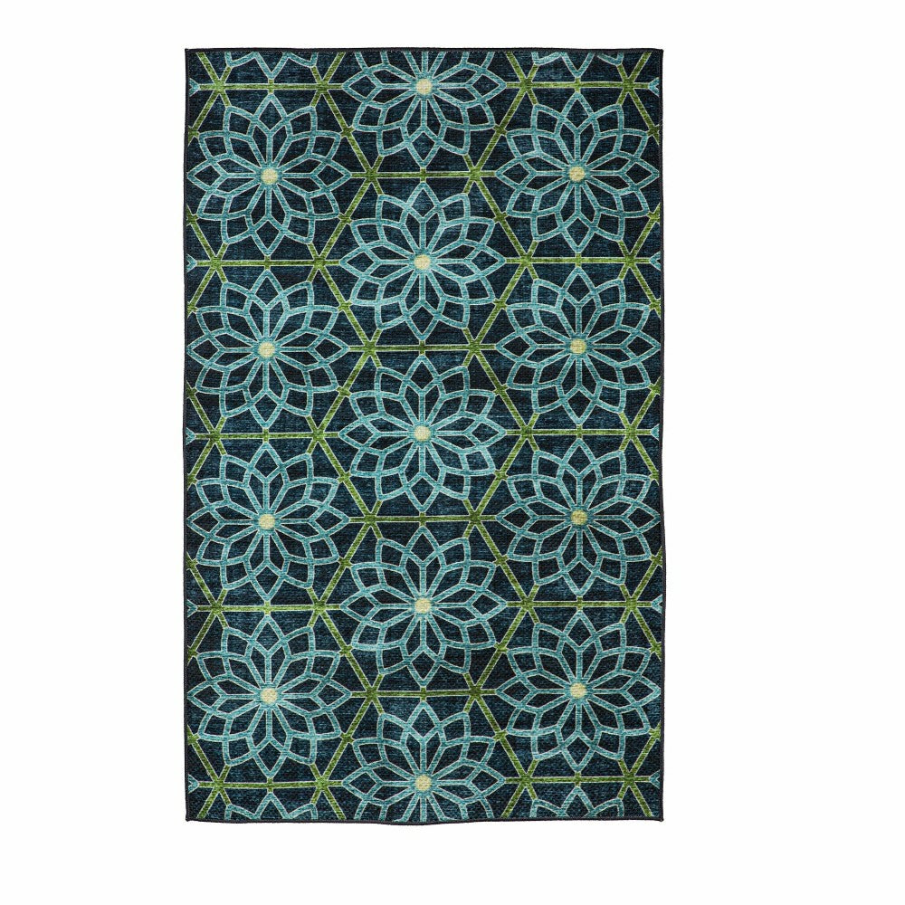Plow & Hearth Indoor/Outdoor Machine Washable Blue Kaleidoscope Printed Rug, 3' x 5'