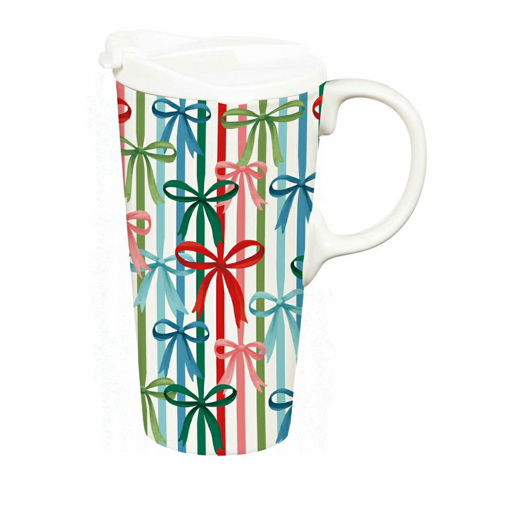 Plow & Hearth Heartfelt Cheer Travel Cup Ceramic Perfect Cup, Bows, 17oz, Gift Box