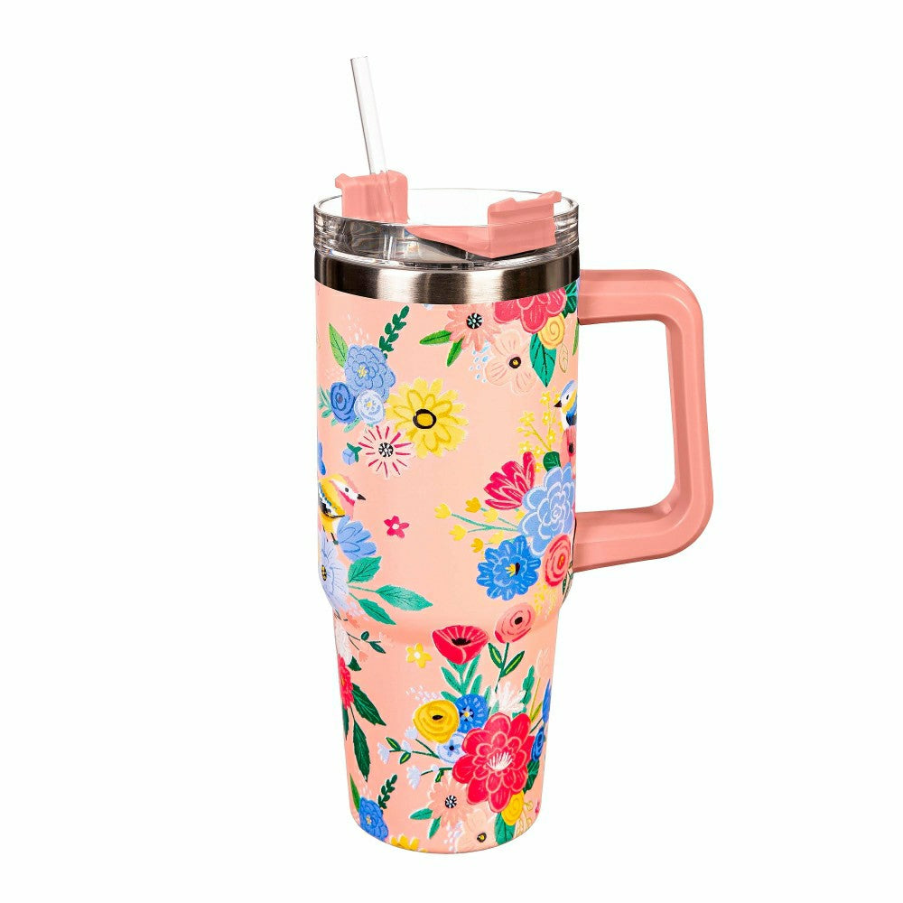 Plow & Hearth Bursting Blossoms Trenta Cup, Double Wall Stainless Steel w/ Straw, 30