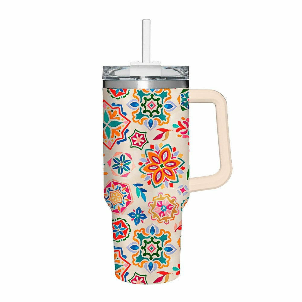Plow & Hearth Geometric Tapestry Canyon Cup, Double Wall Stainless Steel w/ Straw, 4