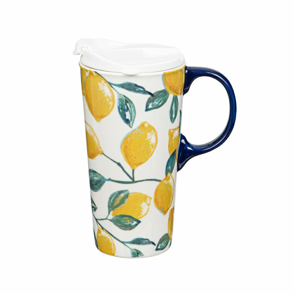 Plow & Hearth Coastal Citrus Lemons Ceramic Perfect Cup, 17oz, Gift Box