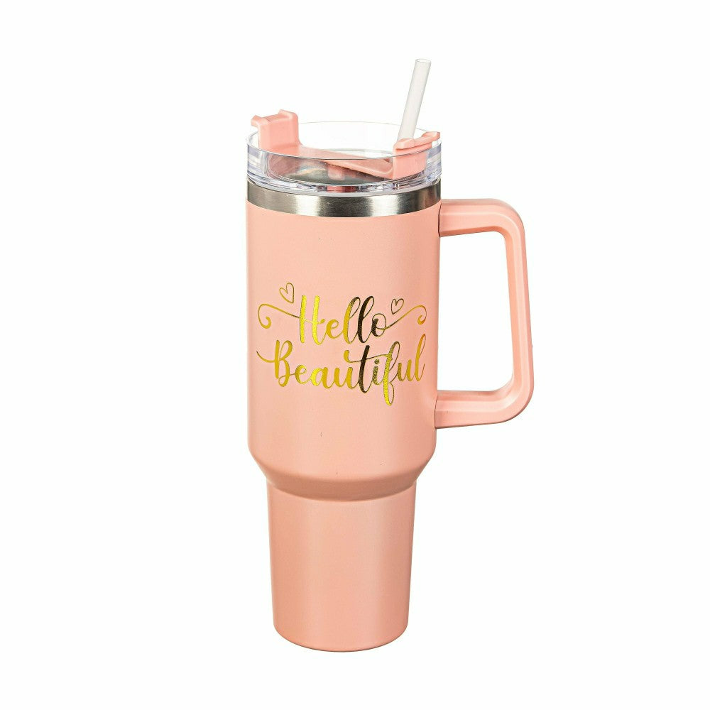 Plow & Hearth Tumbler Stainless-Steel Canyon Cup w/ Straw, Hello Beautiful, 40oz, Gi