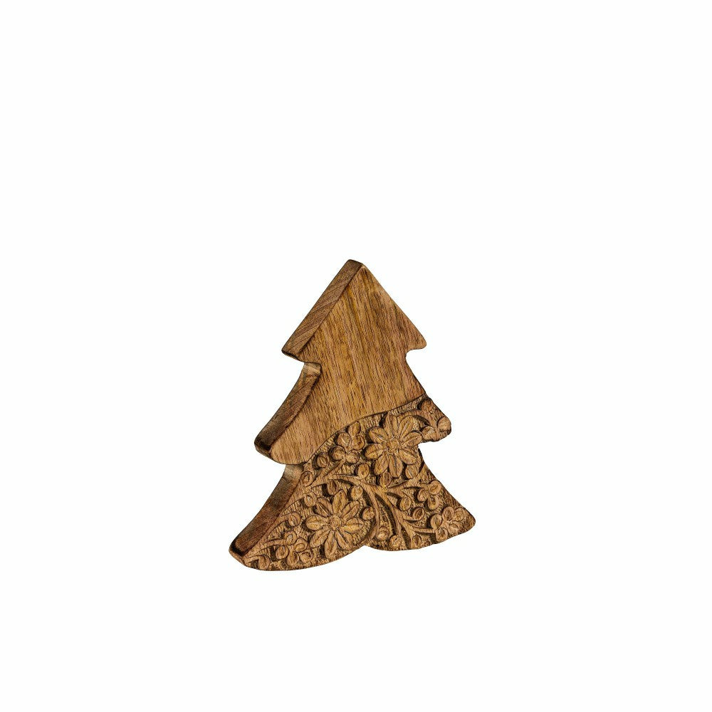 Plow & Hearth VivaStyle Playful Poinsettia Table Decor, Wood Decor, Carved Floral Tr