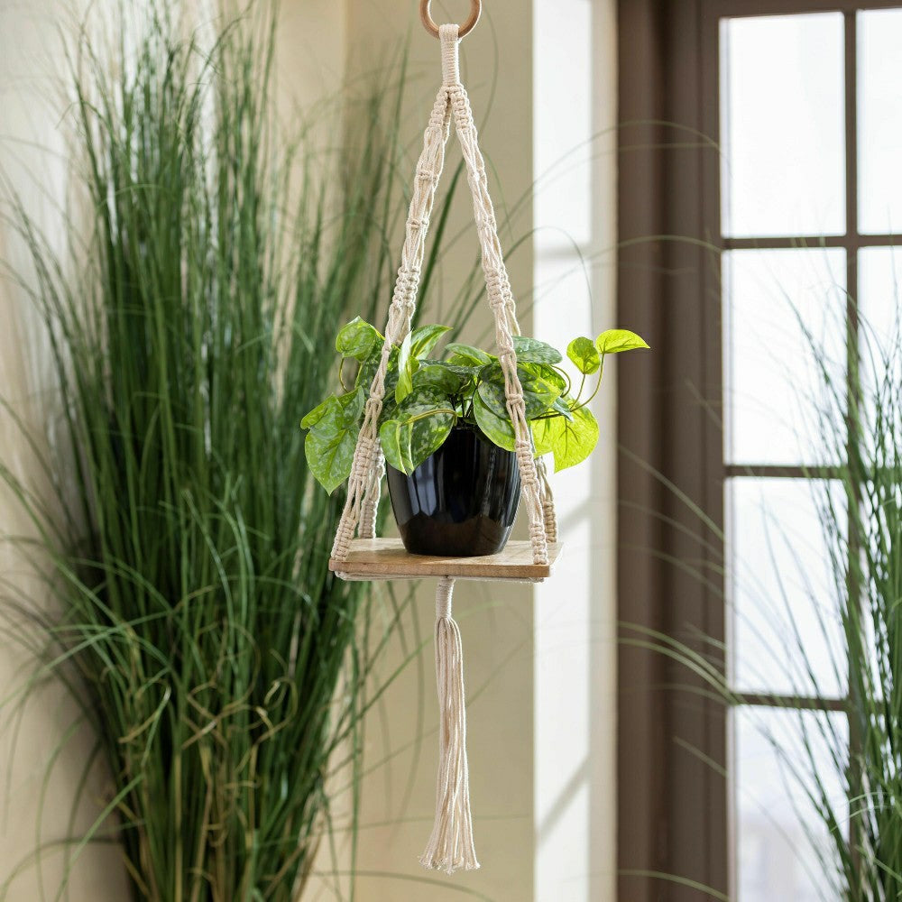 Plow & Hearth VivaStyle Plant Stand, Macrame & Wood, Hanging Plant Stand, 32" H, Set