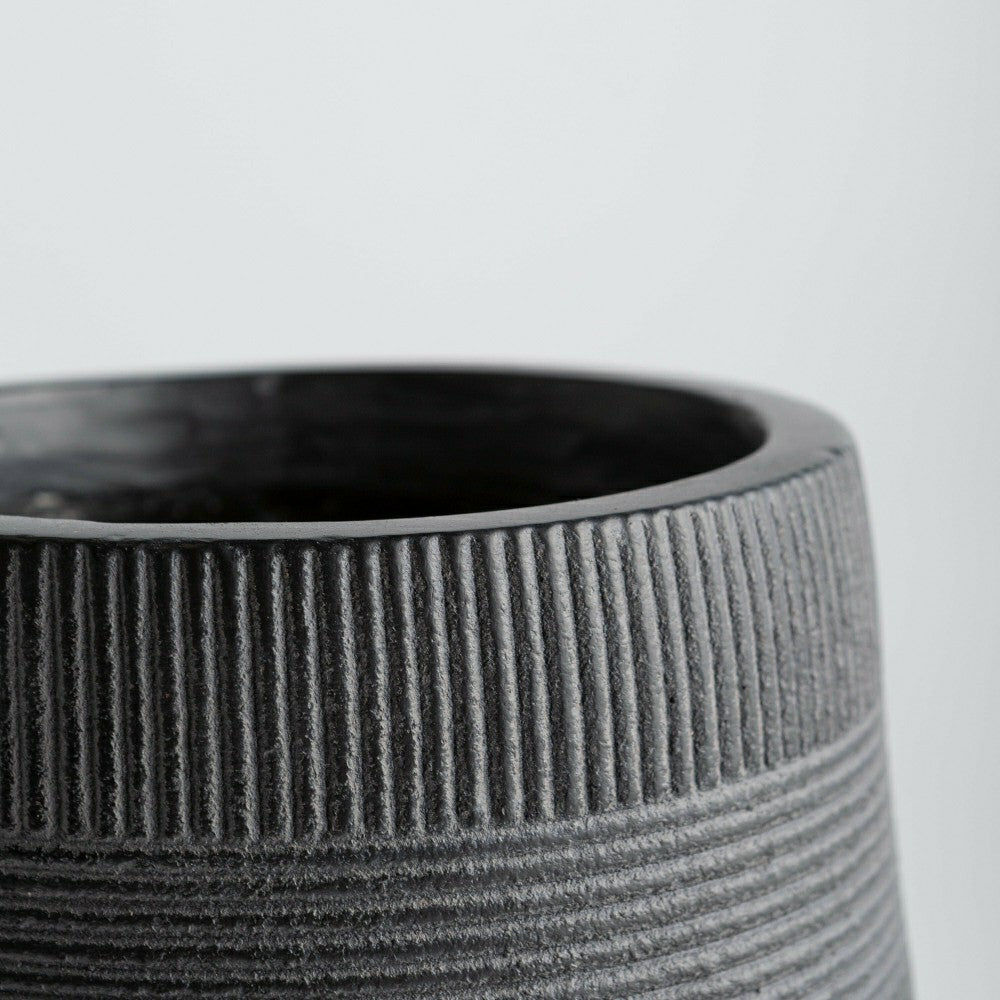 Plow & Hearth Round Stripe Fiber Clay Planters, Set of 3, Anthracite Black