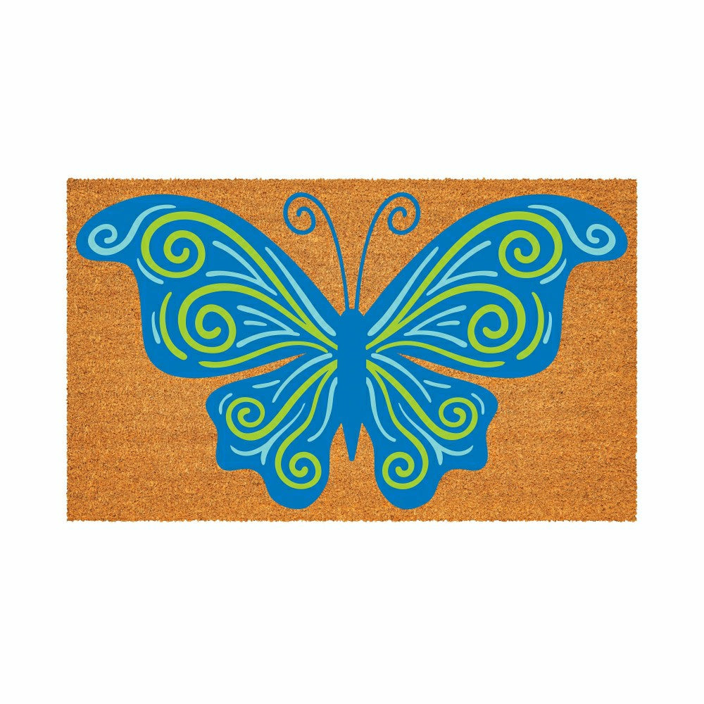 Plow & Hearth Welcome Mosaic Blue Butterfly Coir Mat