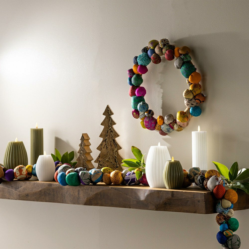Plow & Hearth Sari Fabric Pom Pom 74" Handcrafted Mantle Garland