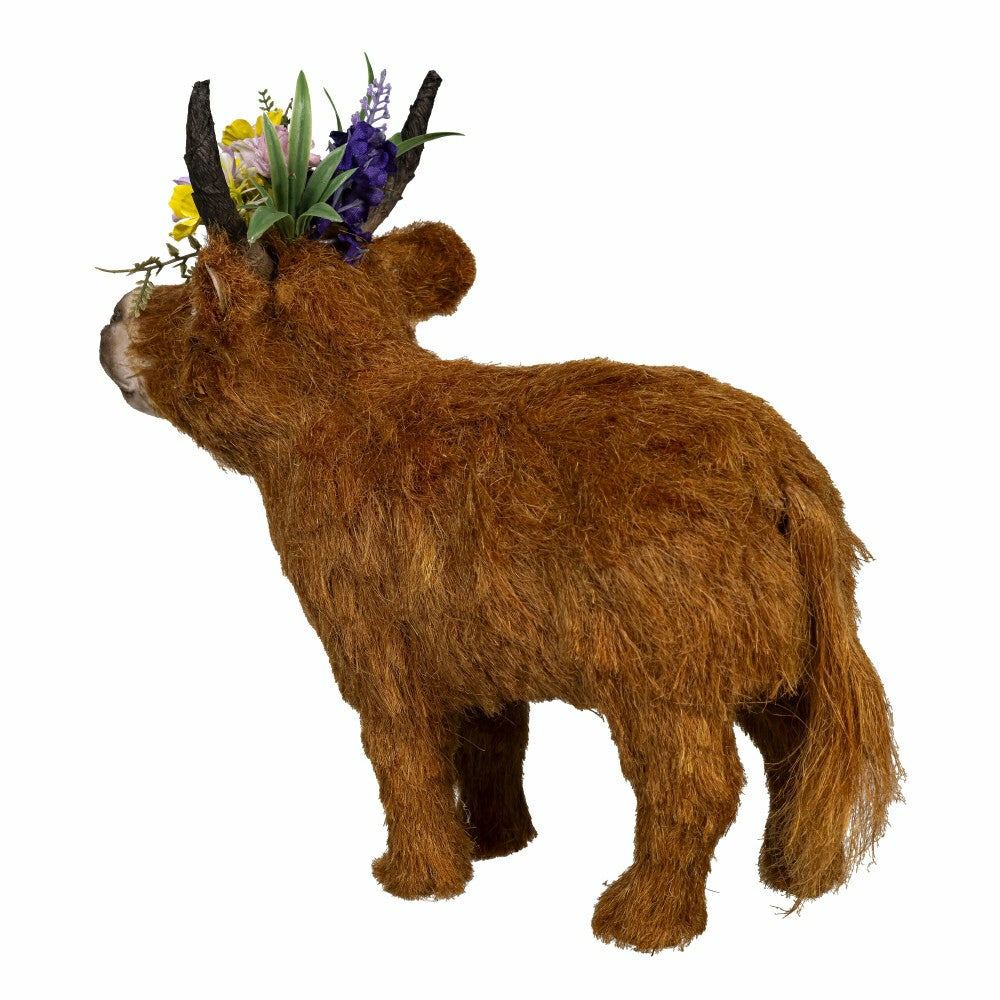 Plow & Hearth Petal & Plow Table Decor Natural Fiber Floral Highland Cow, 11.5"L