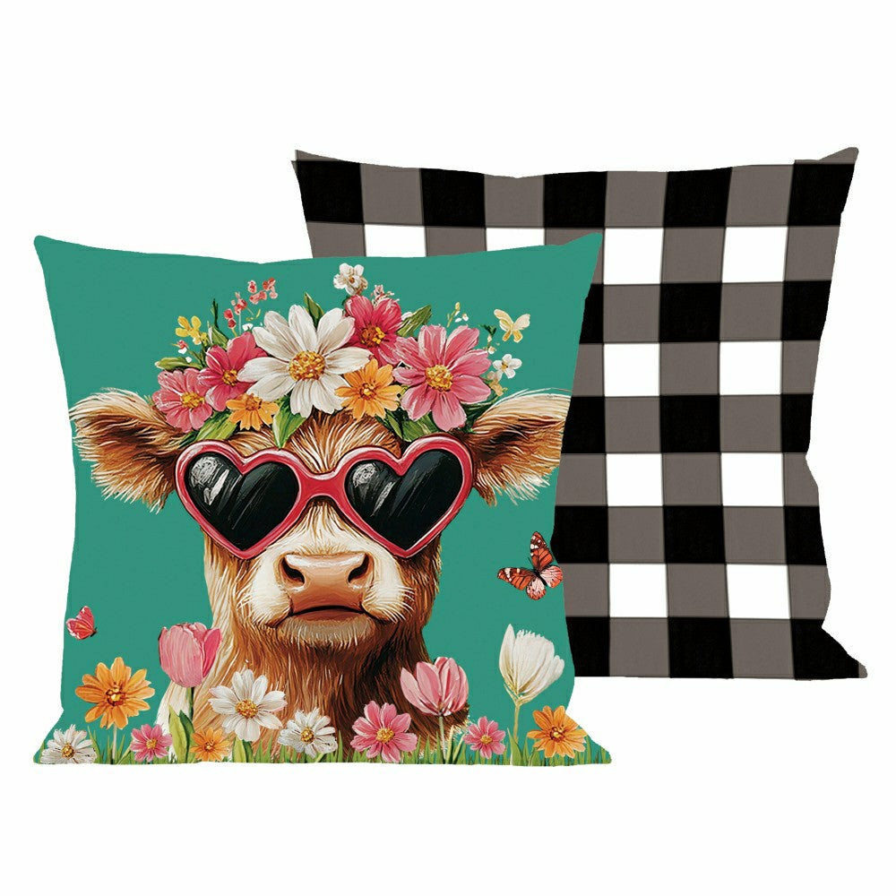 Plow & Hearth Floral Sunglasses Highland Cow Pillow Cover