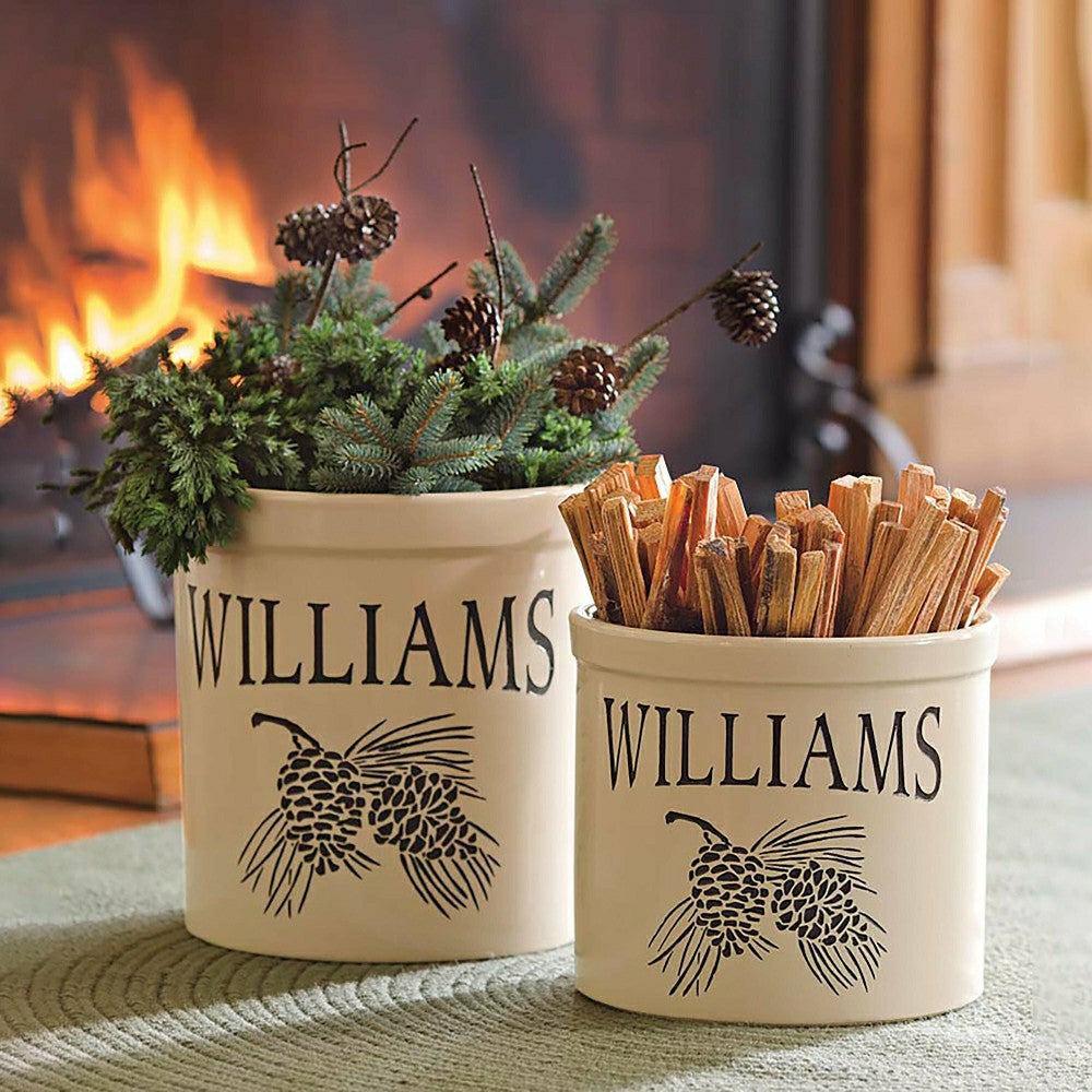 Plow & Hearth Handcrafted USA-Made Double Pinecone Personalized 2 Gallon Crock