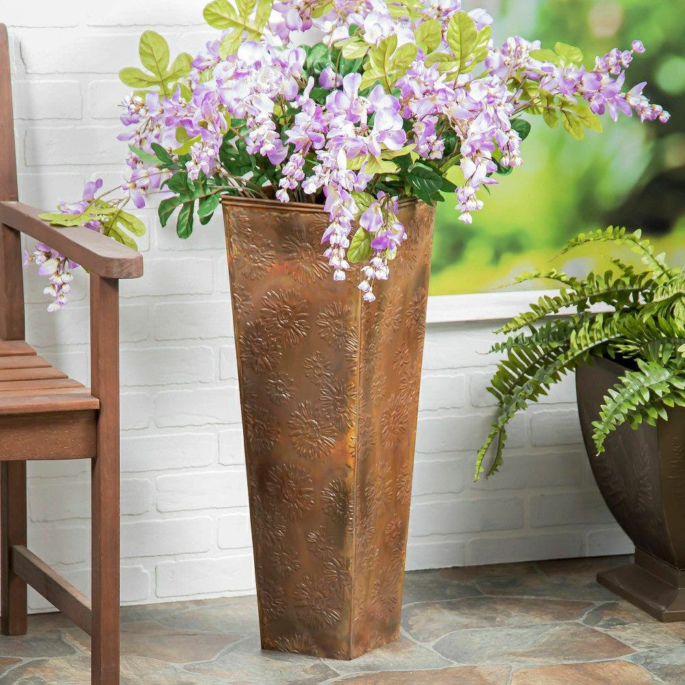 Plow & Hearth Embossed Metal Front Door Planter, Burnt Copper Sunflowers