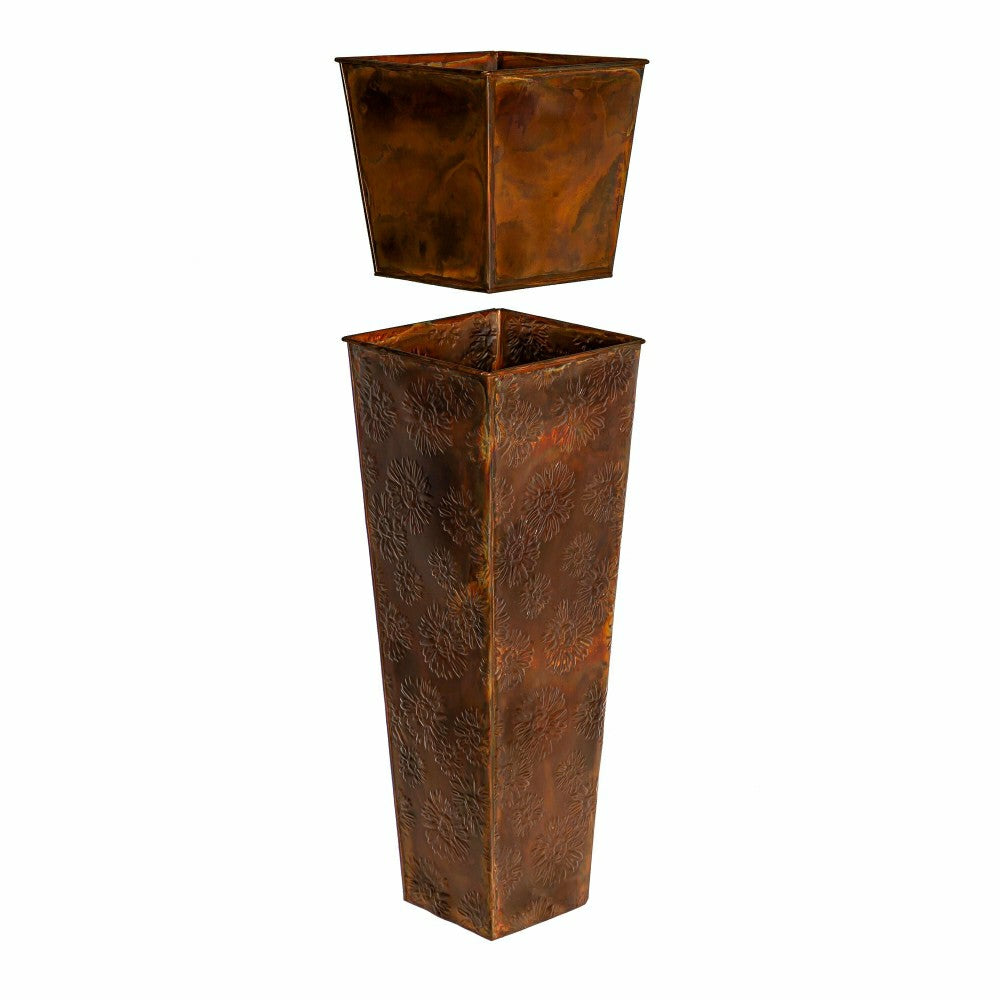 Plow & Hearth Embossed Metal Front Door Planter, Burnt Copper Sunflowers