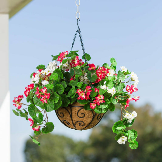 Plow & Hearth Everlasting Faux Red & White Geranium Hanging Basket