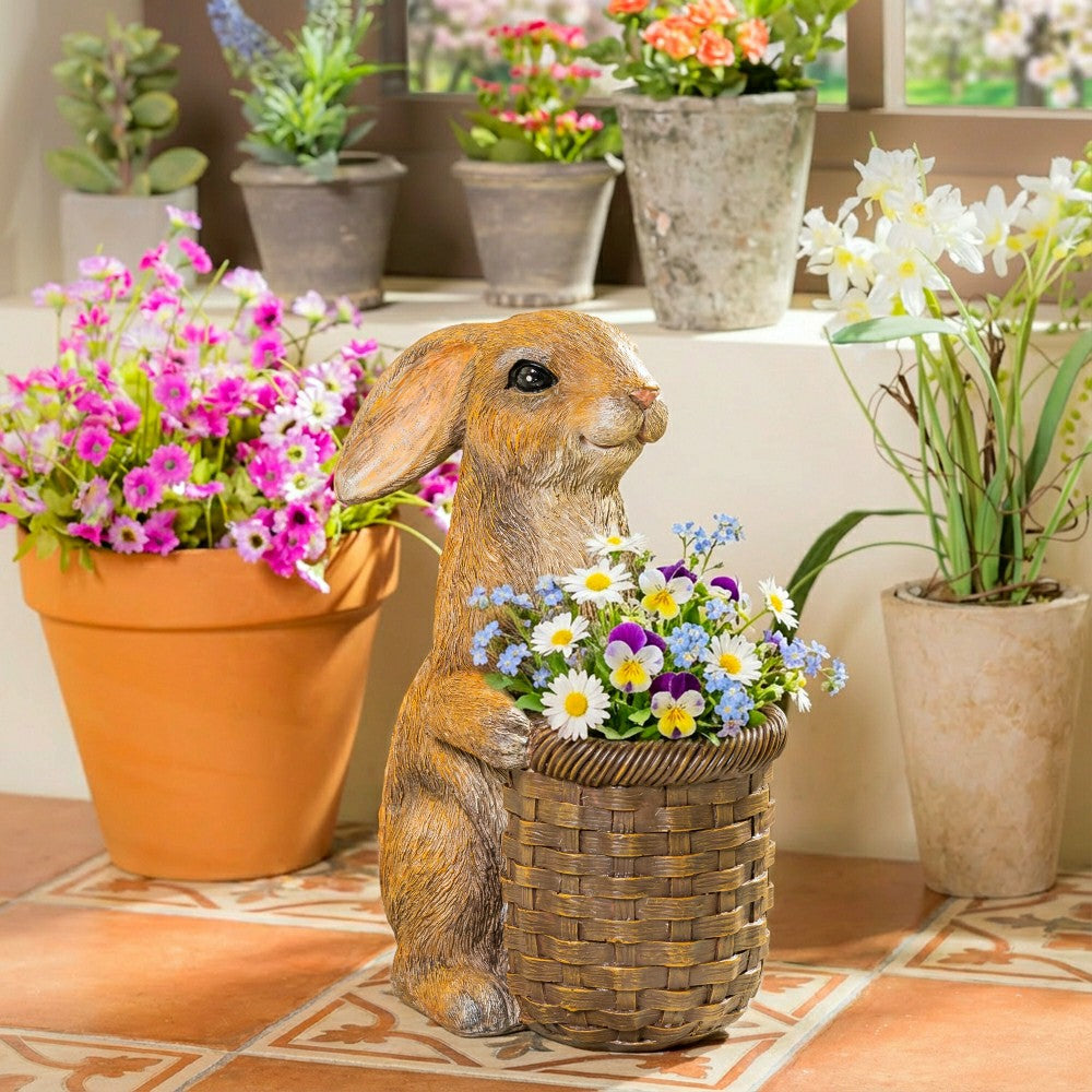 Plow & Hearth Rabbit with Flower Pot Resin Garden Statue