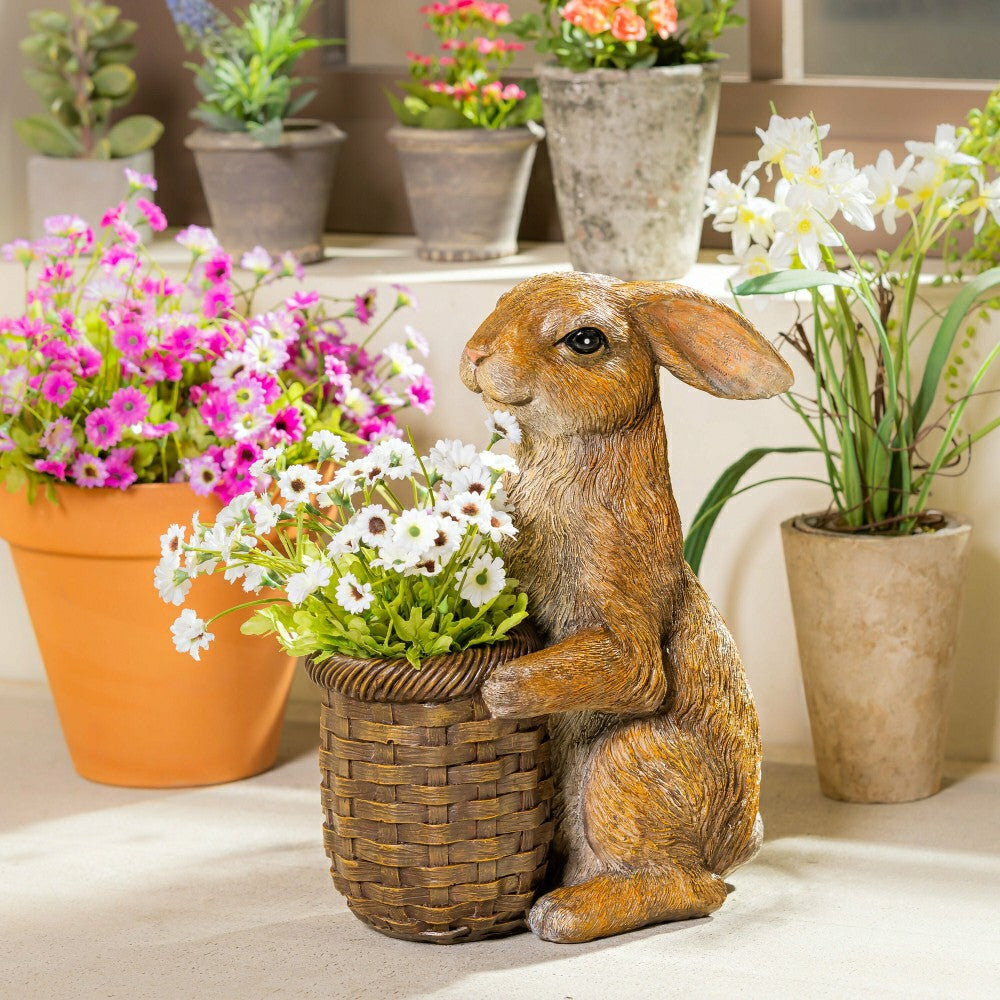 Plow & Hearth Rabbit with Flower Pot Resin Garden Statue