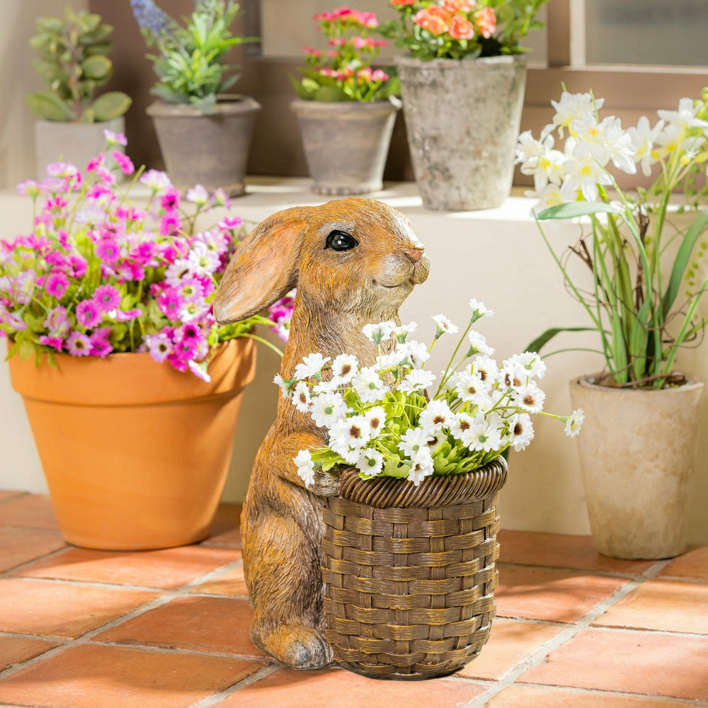 Plow & Hearth Rabbit with Flower Pot Resin Garden Statue